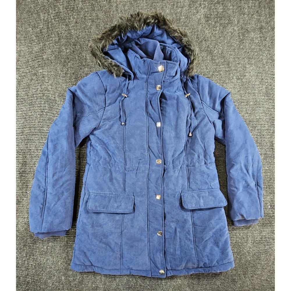 Breckenridge Parka Coat Womens Large Blue Fur Trim Hooded Outerwear Snap Front